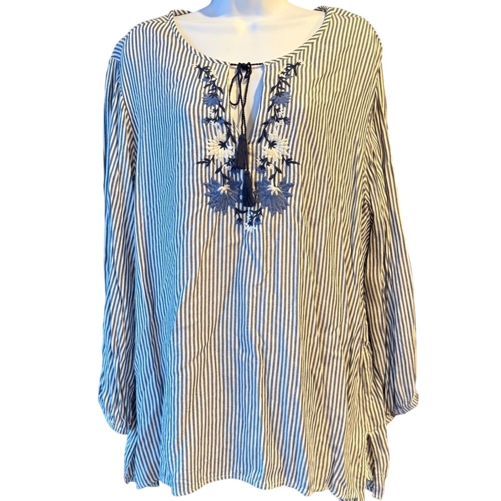 Old Navy Striped Embroidered Tassel Tunic Blouse Blue White Womens Size XXL